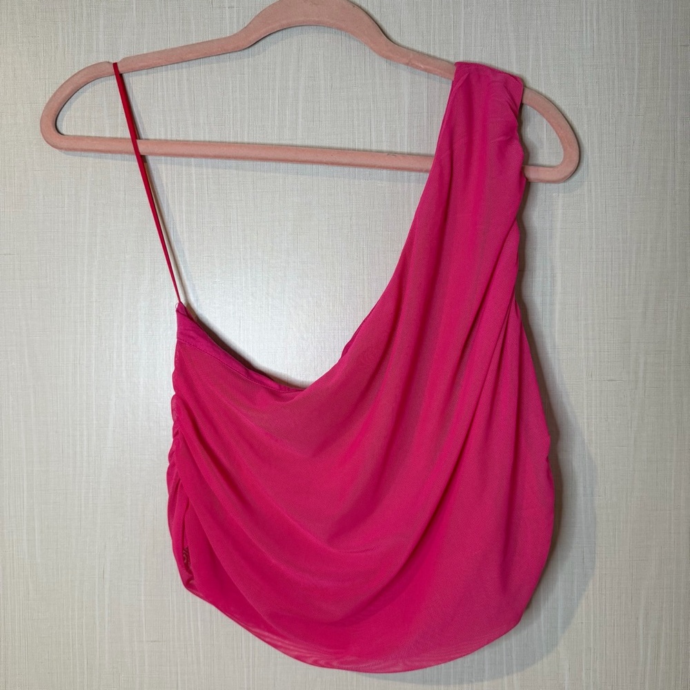 House of Harlow 1960 Mesh Pink One-Shoulder Crop Top Large
